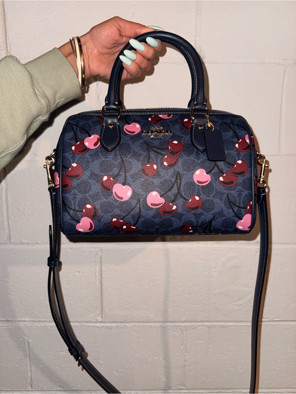 Coach Navy Satchel with Pink & Red Cherry Print